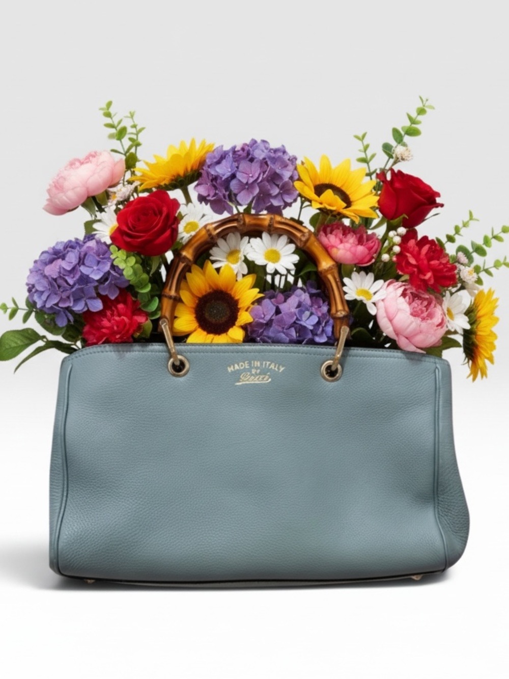 Gucci Light Blue Bamboo Shopper Medium Leather Tote + COA and Dust Bag